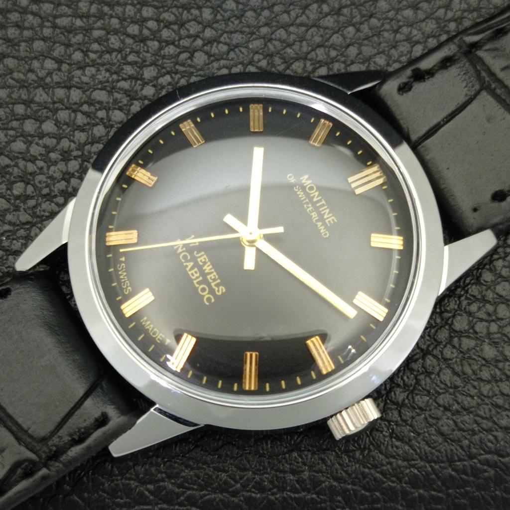 ШВЕЙЦАРСКИЕ ВИНТАЖНЫЕ МУЖСКИЕ ЧАСЫ MONTINE С РУЧНЫМ ПОДЗАВОДОМ ВОССТАНОВЛЕННЫЕ ЧЕРНЫЙ ЦИФЕРБЛАТ a441065-1