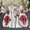 Women's Retro Blouse National Style Embroidered Lace-Up Tassel V-Neck Lantern Sleeve Tops Loose All-Match Female
