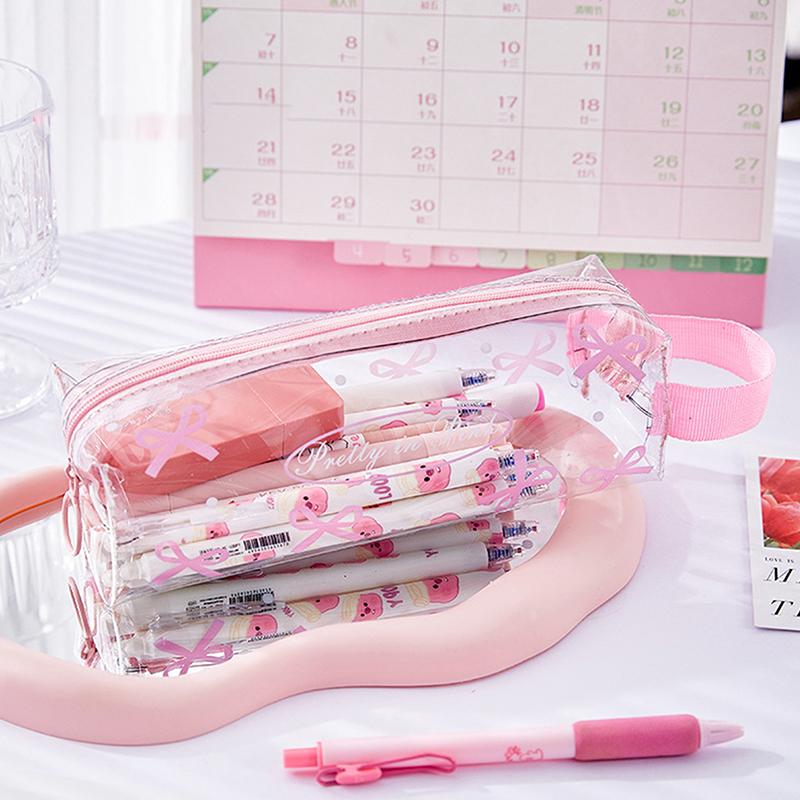 Kawaii Bow Pencil Case Large Capacity Double Layer Transparent Portable Pencil Case School Student Stationery Supplies