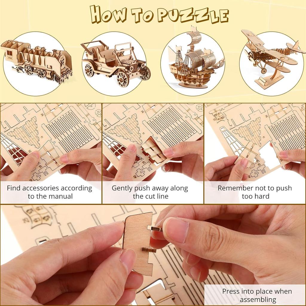 Hands Craft Diy 3D Wooden Puzzle Assembly Wooden Car Animal Model Brain Teaser Puzzles Educational Stem Toy For Adults Kids Gift