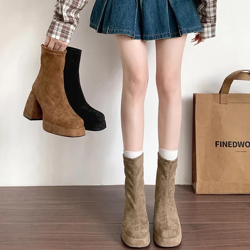 Designer Winter Women Modern Ankle Boots Short Plush Short Booties Ladies Platform Square High Heels Shoes