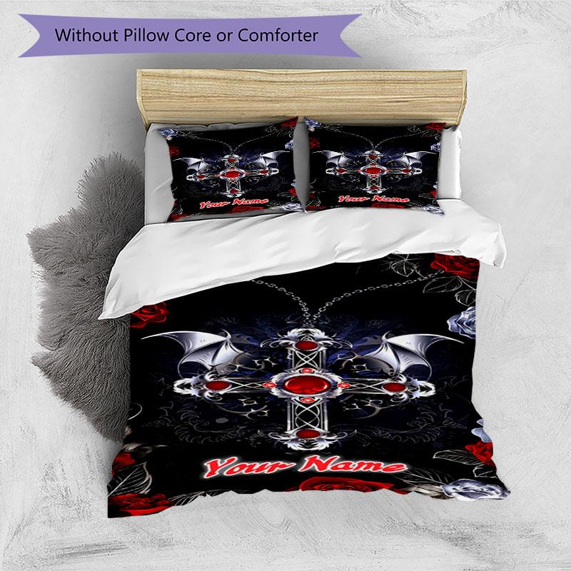 3PC Custom Name Gothic Cross Wings Bedding Set Duvet Cover Closure Includes 1 Duvet Cover & 2 Pillowcases for Bedroom