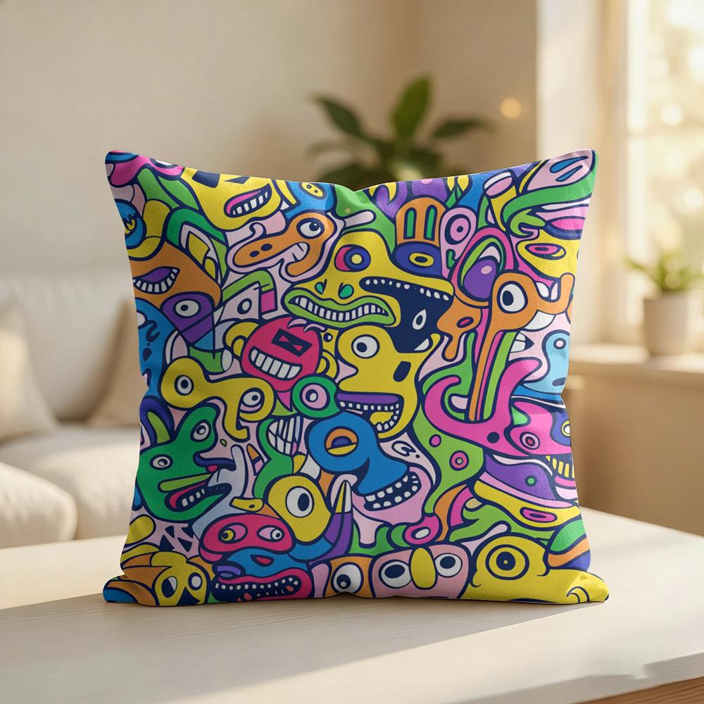 Colorful Graffiti Pattern Cushion Cover Silky Short Plush Invisible Zipper Dustproof Sofa Pillow Case For Home Decor