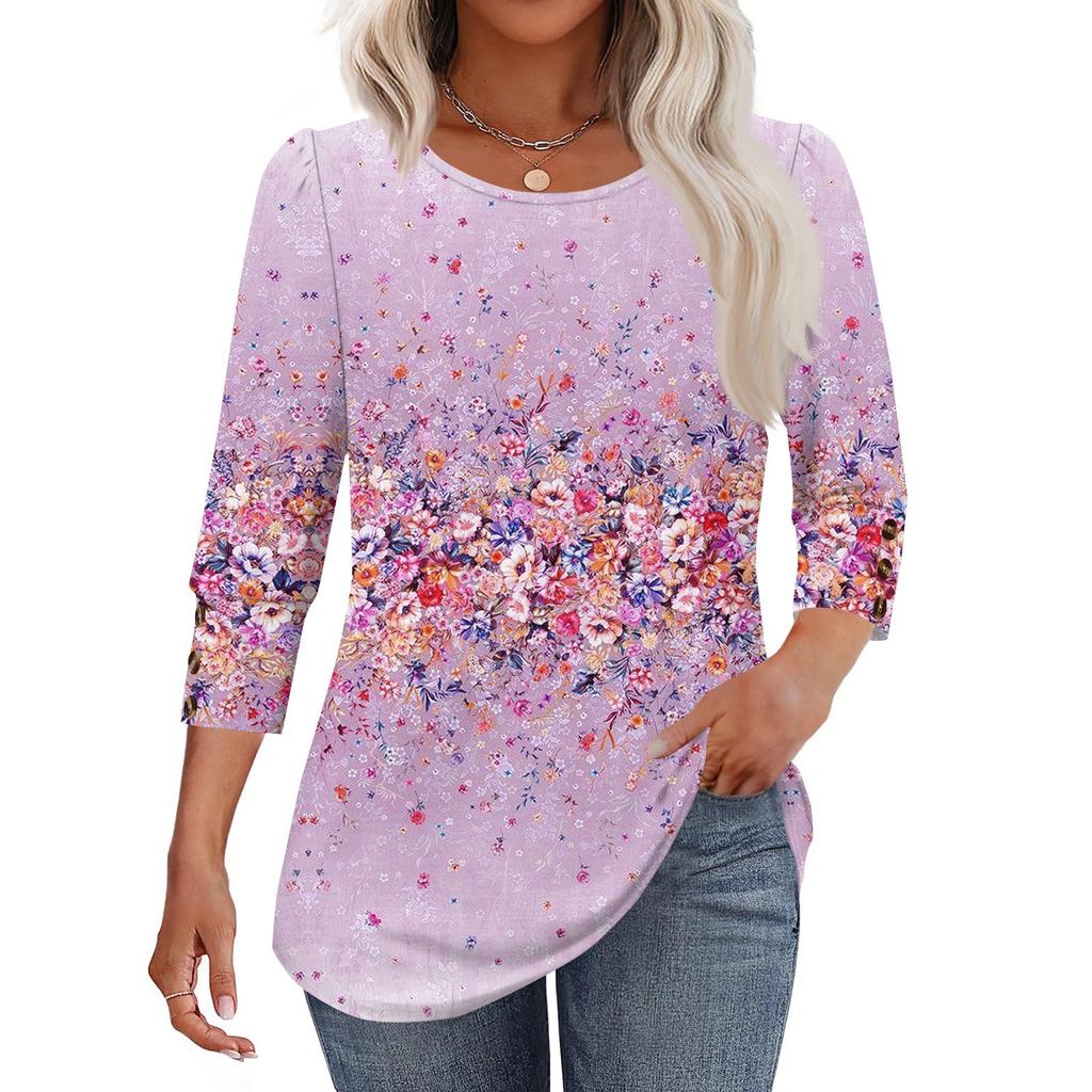 Женская мода Повседневная Винтажная Футболка Топ с круглым вырезом и рукавом в семь сложений с цветочным принтом