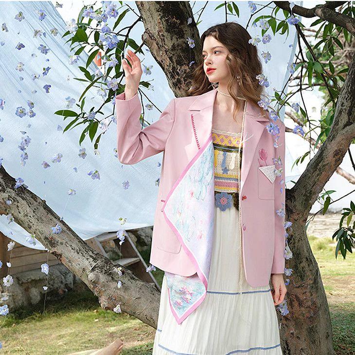 Фиолетовый осенний блейзер винтажного свободного кроя, повседневный пиджак с карманами, цветочная элегантность