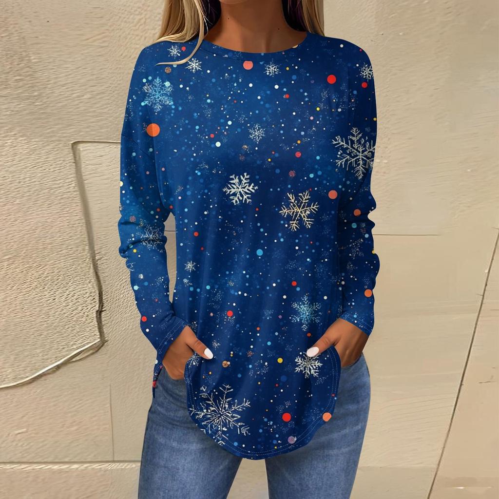 Футболки для женщин, осенние повседневные рубашки с длинными рукавами, толстовка с ретро-принтом, топ для рождественской вечеринки, пуловер