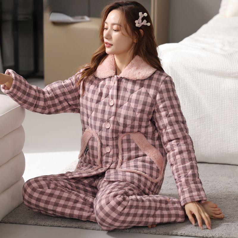Куртка Пижама Женская Зимняя Трехслойная Теплая Плюшевая Утолщенная Домашняя Одежда Повседневная Для Молодежи Среднего Возраста Комплект Пижамы