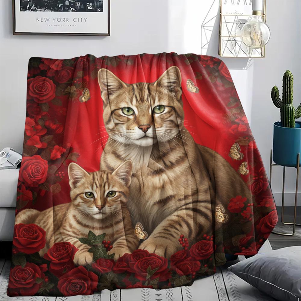 1PC Red Rose Animals Print Flannel Blanket, High quality All Seasons, Home Decor, Warmth and Comfort, Perfect for Christmas Gifts