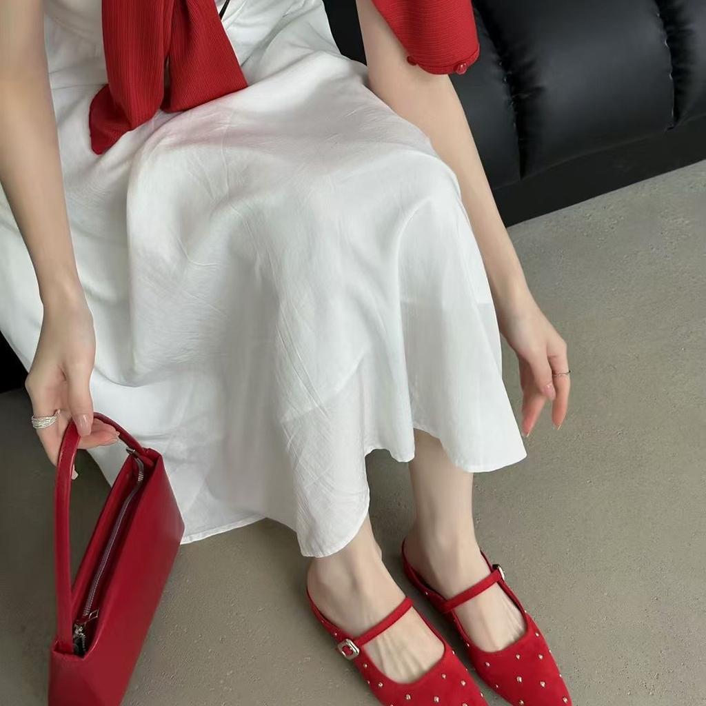 2025 французская ретро сумка с заклепками голова красный полушлепки женская мода темперамент однопедальные ленивые туфли-мюли