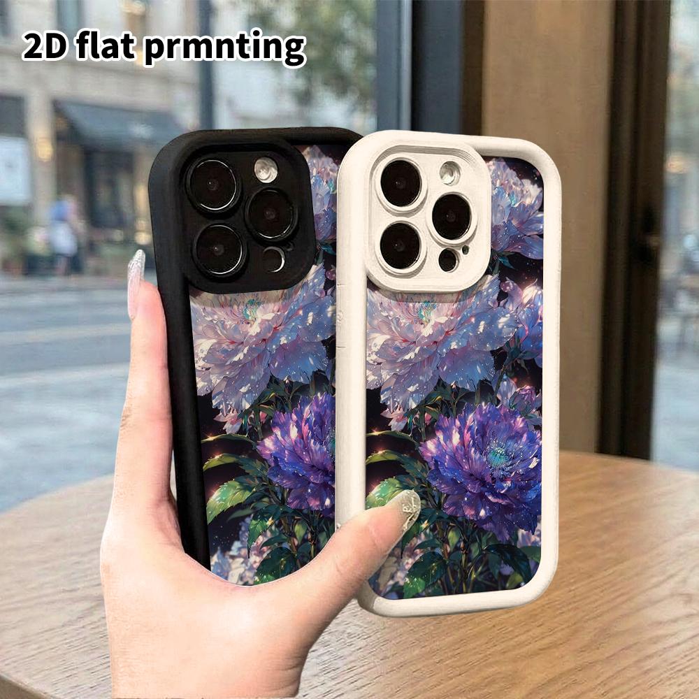 Phone Case: 2D flat design for iPhone 13-18 Pro, stepped protective case, iridescent starry peony, Christmas and Halloween gift