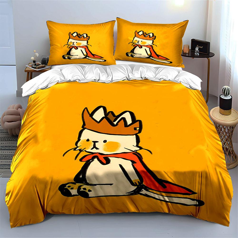 Cartoon Cat King with Crown Bedding Duvet Cover Set Duvet Cover Pillowcases (1*Duvet Cover 2*Pillowcases, without duvet insert)