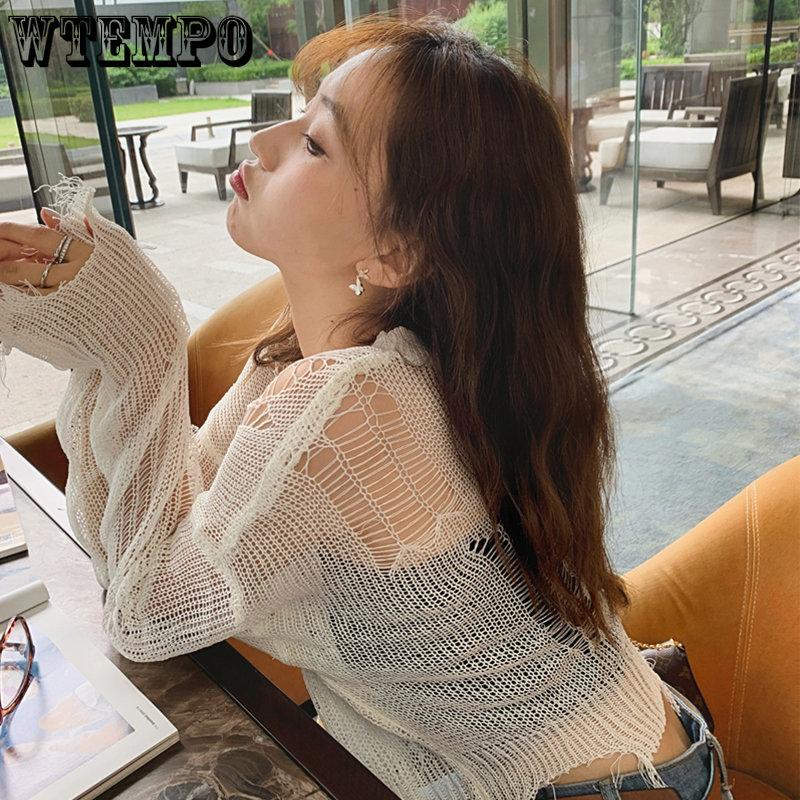 Перфорированный солнцезащитный чехол, короткий черный топ, ажурный вязаный свитер для женщин, уникальное лето
