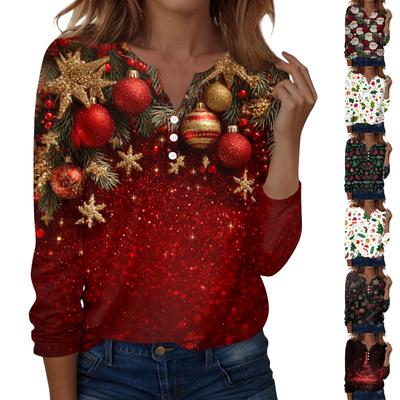 Женская мода Повседневная футболка с V-образным вырезом, длинными рукавами и декоративными пуговицами