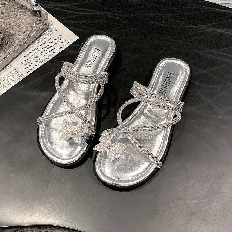 Fashion Shiny Rhinestone Butterfly Slides Women, Black Cross - Strap Sandals, Casual Daily Fashion Footwear