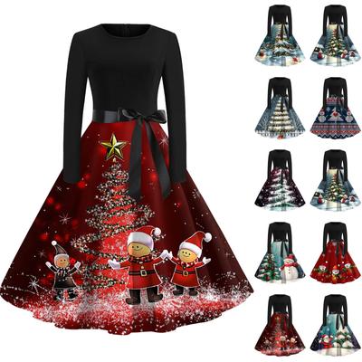 Рождественский принт расклешенное платье для женщин платье с длинным рукавом полые вечерние повседневные платья