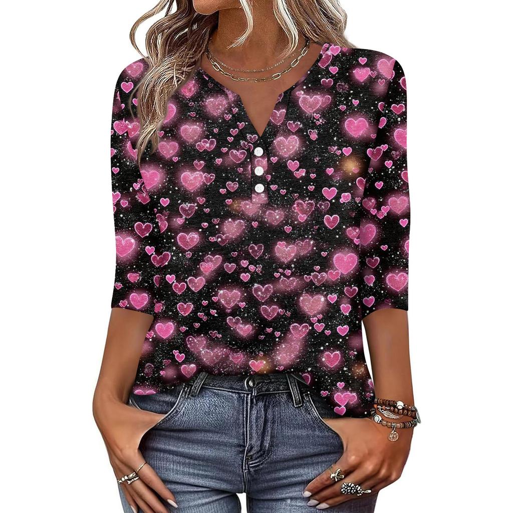 Жен. Футболка С принтом Пуговицы Рукав 3/4 Повседневные Выходные Мода Классический Классический V-образный вырез Обычный Верх