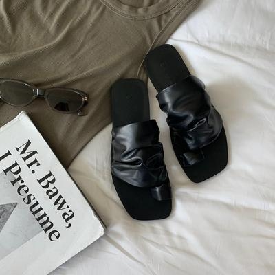 Туфли кожаные квадратные с носками складки ворс тапочки с плоским носком женская верхняя одежда