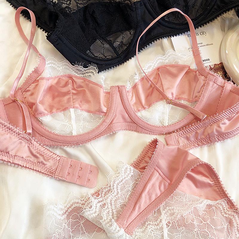 French Ultra Thin Lace Splicing Bra Set for Women Underwear Sexy Silk Breathable Bra and Panties Set Summer Comfortable Lingerie