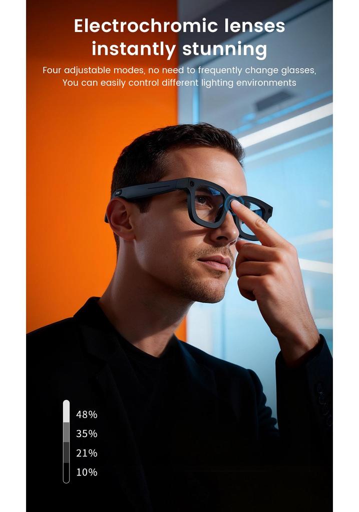 E03C Smart Glasses: Camera, Image Stabilization, HD Shooting, Real-Time Translation, Electrochromic, AI Features