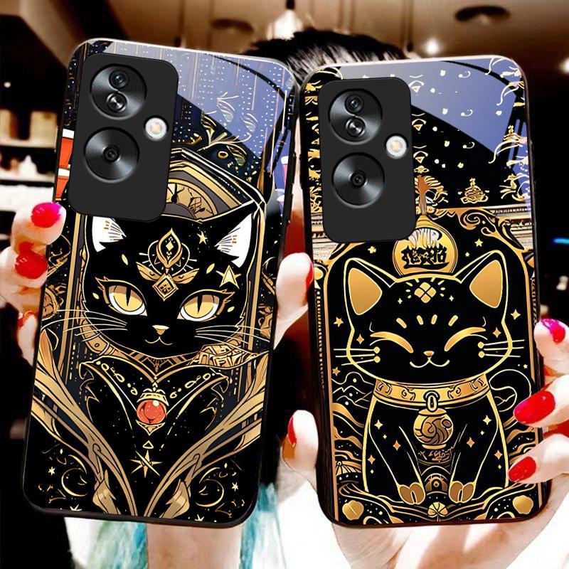 Черный Золотой Кот Для Oppo A79 5G 58 78 74 60 4G Reno 11F Realme GT 6 11 Note 50 10 C55 X2 Закаленное Стекло Черный Чехол для Телефона