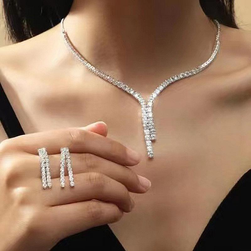 Simple Geometric Cubic Zirconia Necklace Earrings For Women Wedding Bridal Jewelry Sets Accessories