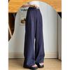Navy Blue Textured Wide-Leg Petite Pants for Women 145cm - XS, Spring & Autumn Casual Workwear