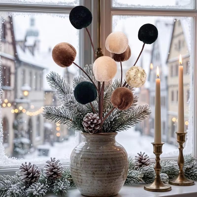 Christmas Tree Foam Ball Ornaments Soft Velvet Shatterproof Decor for Xmas Wreath Bouquet Farmhouse Holiday Party Decoration
