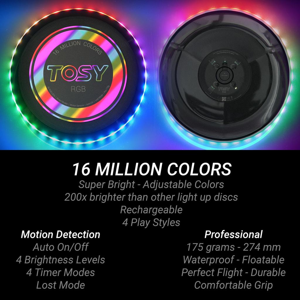TOSY Flying Disc 16 Million Colors RGB or 36 Super Smart Auto Light Camping Gift for 175g Frisbee - LEDs, Bright, Mode, Up, Rechargeable, Christmas,