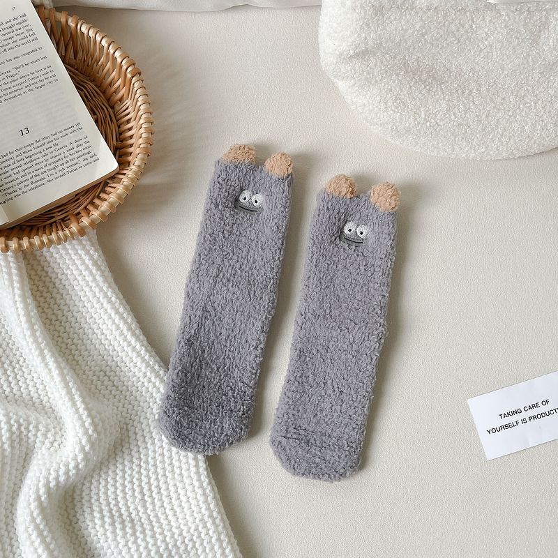 Носки из кораллового флиса для женщин на зиму Утепленные плюшевые теплые носки для сна Милые мультяшные напольные носки и длинные чулки
