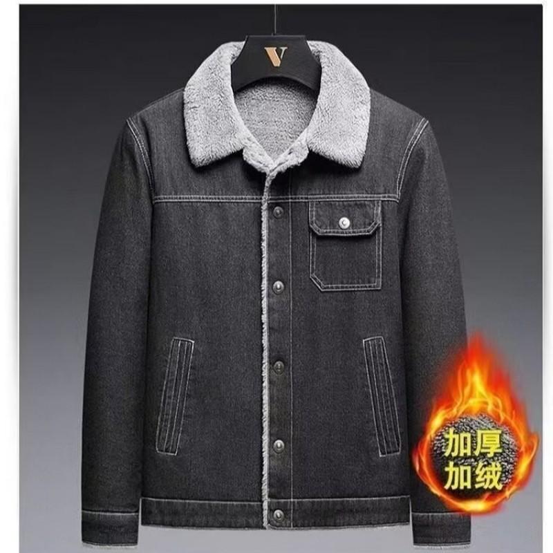 Mens Fleece Lined Denim Jacket With Lamb Wool Collar Warm Winter Casual Outerwear Youth