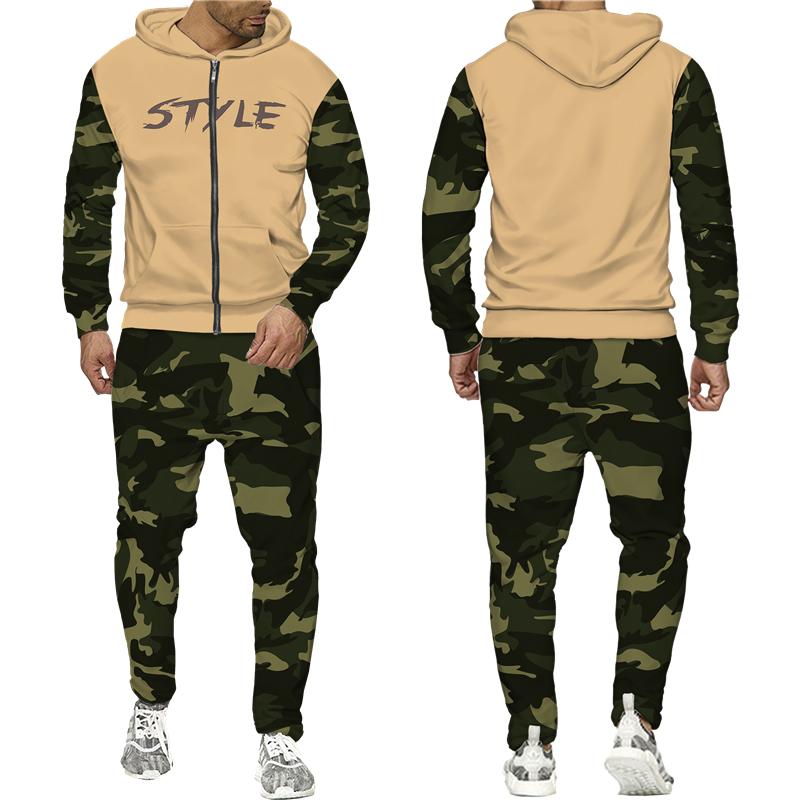 Весенне-осенний камуфляжный принт, мужские толстовки на молнии, брюки, костюм, уличная куртка с капюшоном в стиле милитари, спортивная одежда, спортивный костюм, комплект из двух предметов