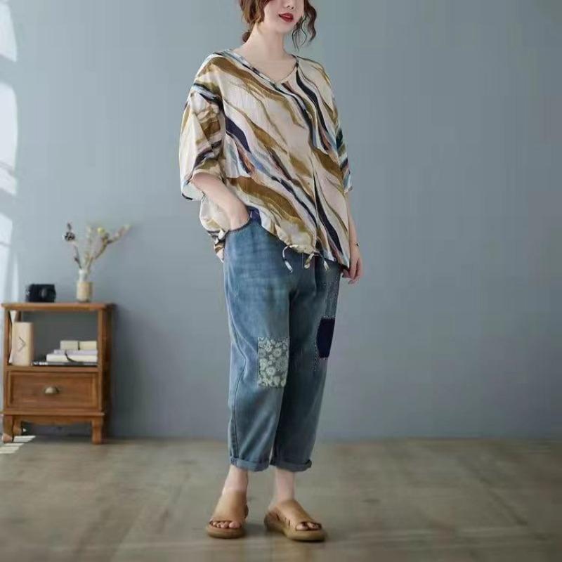 Футболка с короткими рукавами Otton Inen, летняя женская футболка в стиле вестерн, свободный крой, весенний наряд для людей среднего возраста в этническом стиле