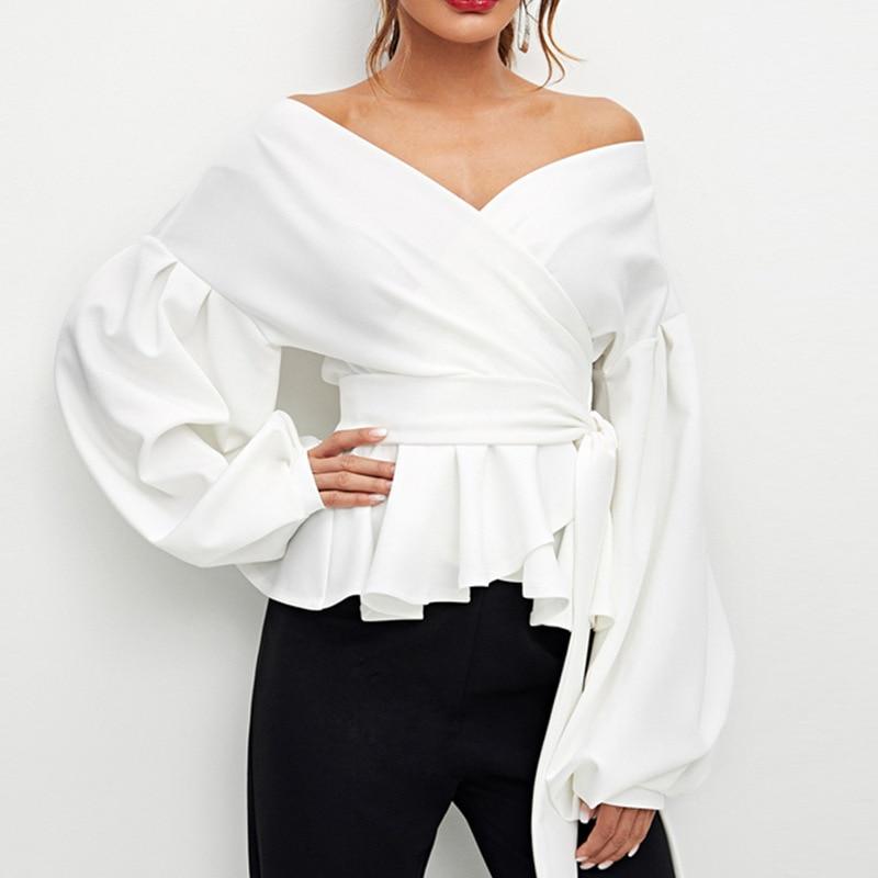 White Office Lady Elegant Lantern Sleeve Surplice Peplum Off the Shoulder Solid Blouse Sexy Women Tops And Blouses