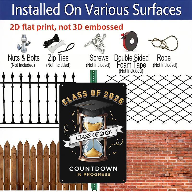 2D Flat, 1pc "Class of 2026 Countdown in Progress" Aluminium Sign - 8"x12" Gold & Black Graduation Decor, Hourglass & Grad Cap Wall Art, Perfect for
