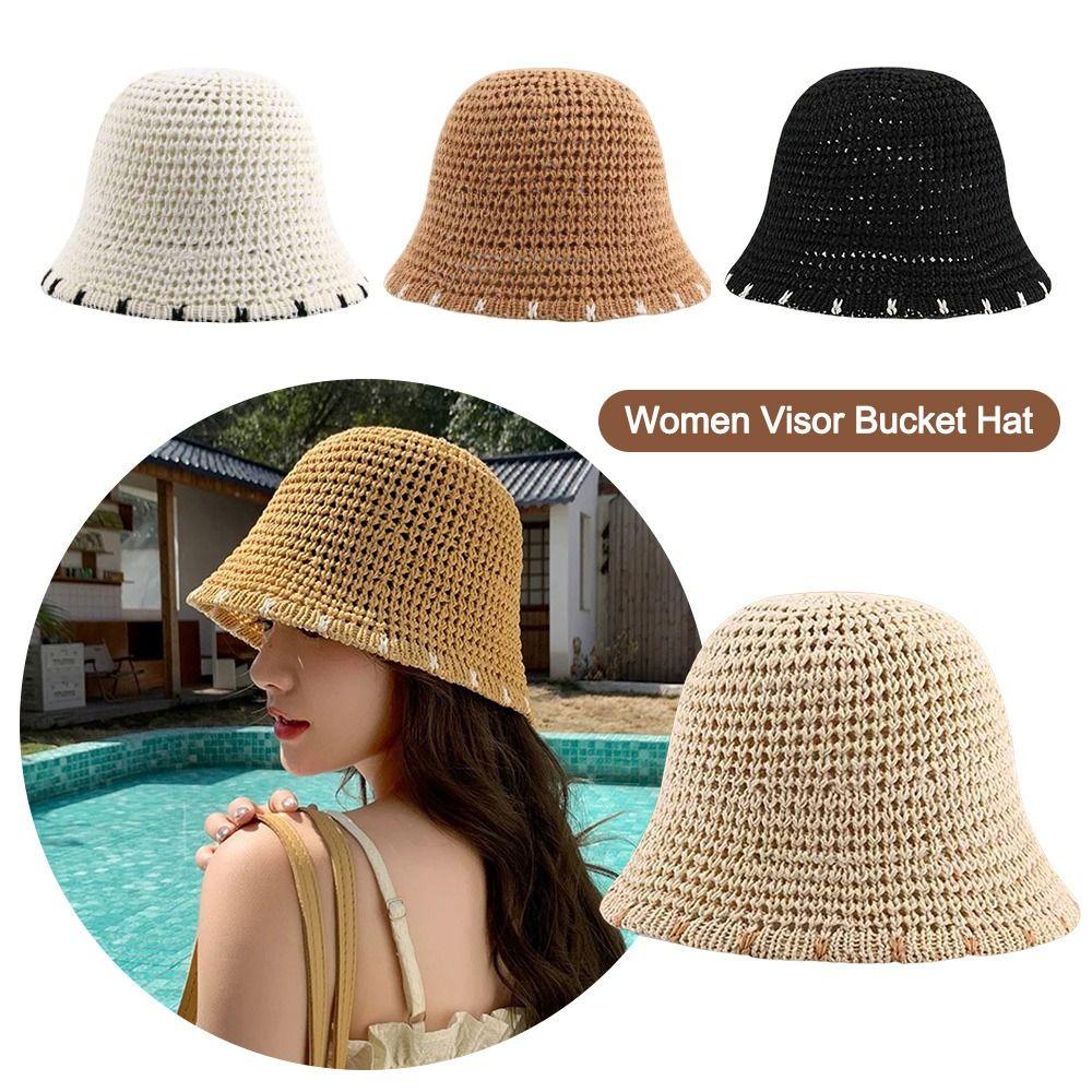 Hollow Women Visor Bucket Hat Breathable Fisherman Hat Korean Beach Straw Hat Summer
