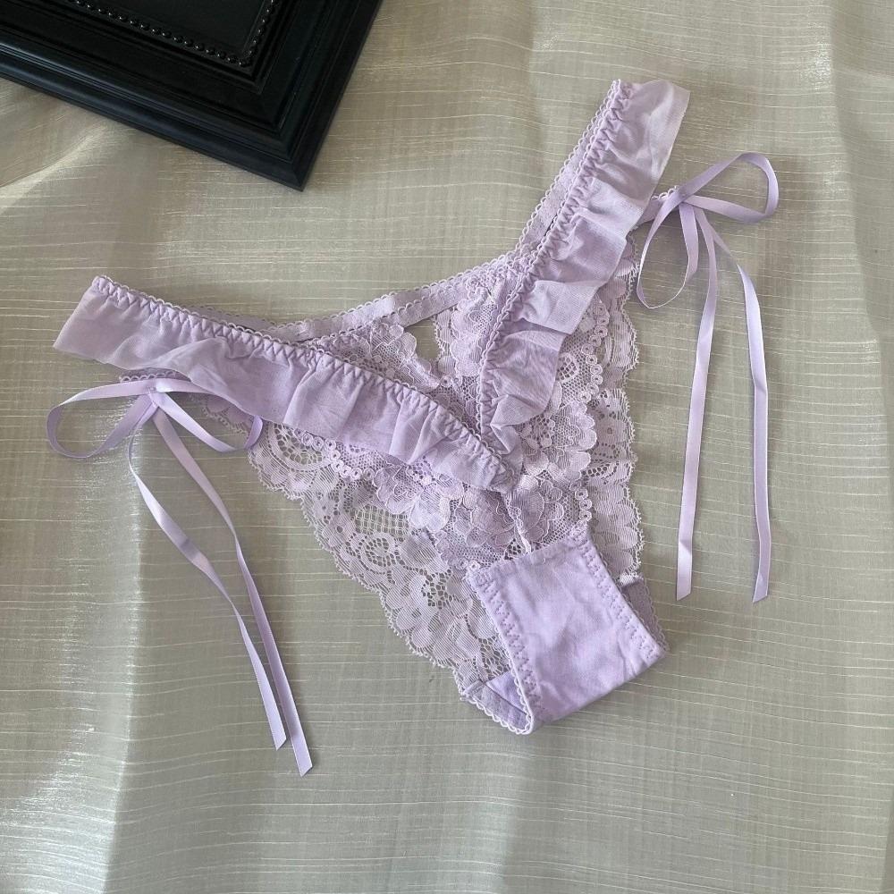 Bow Ribbon Lace Flower Transparent Briefs Mesh Female Lingerie Ruffle Floral Bowknot Panties Girl