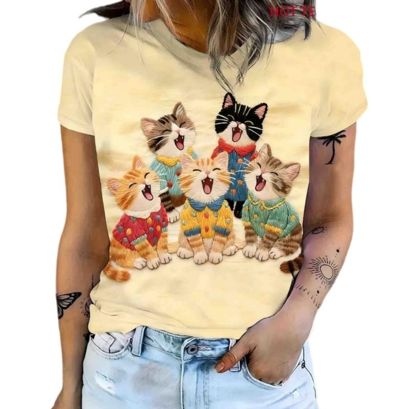 Funny Cat Pattern Women's T-Shirt Cute Animal 3D Print T-Shirts Summer Fashion Casual Street Tees Short Sleeves Round Neck Tops