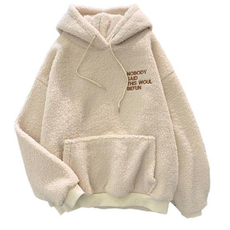 Women Fleece Hoodie Warm Winter Loose Pullover Long Sleeves Thick Letter Embroidery Top Elastic Cuff Drawstring Patch Pocket Fall Fashion
