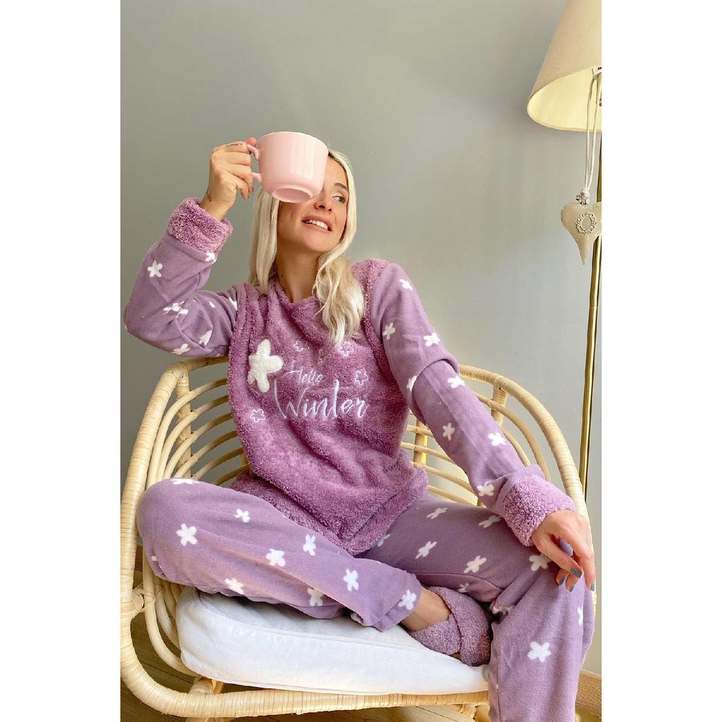 Фиолетовый женский плюшевый пижамный комплект с рисунком Hello Winter