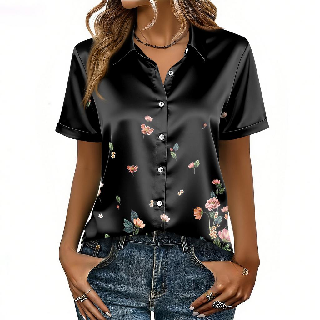 Женская Атласная Блузка С Коротким Рукавом Шелковые Топы Рубашки На Пуговицах Деловой Повседневный Стиль