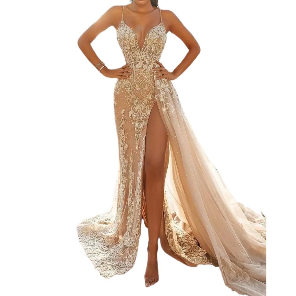 Лето Новый Европейский и Американский Женский Сексуальный Платье-комбинация Без рукавов V-образный вырез Разрез Кружево Ажурный, Длинное платье