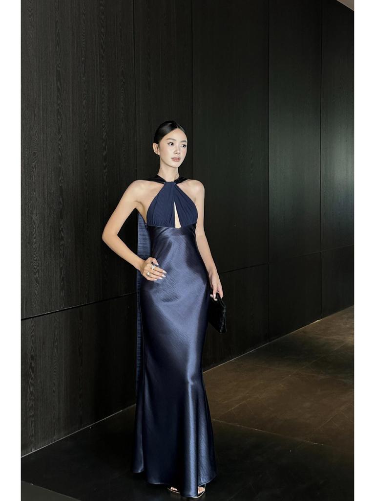 VENUIE French-Style Halter Neck Evening Gown - Women's Light Formal Party Dress