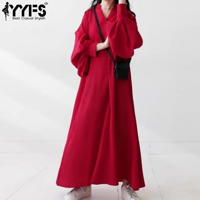 YYFS Женская мода весна осень однотонный принт с длинным рукавом с v-образным вырезом свободная талия повседневные платья