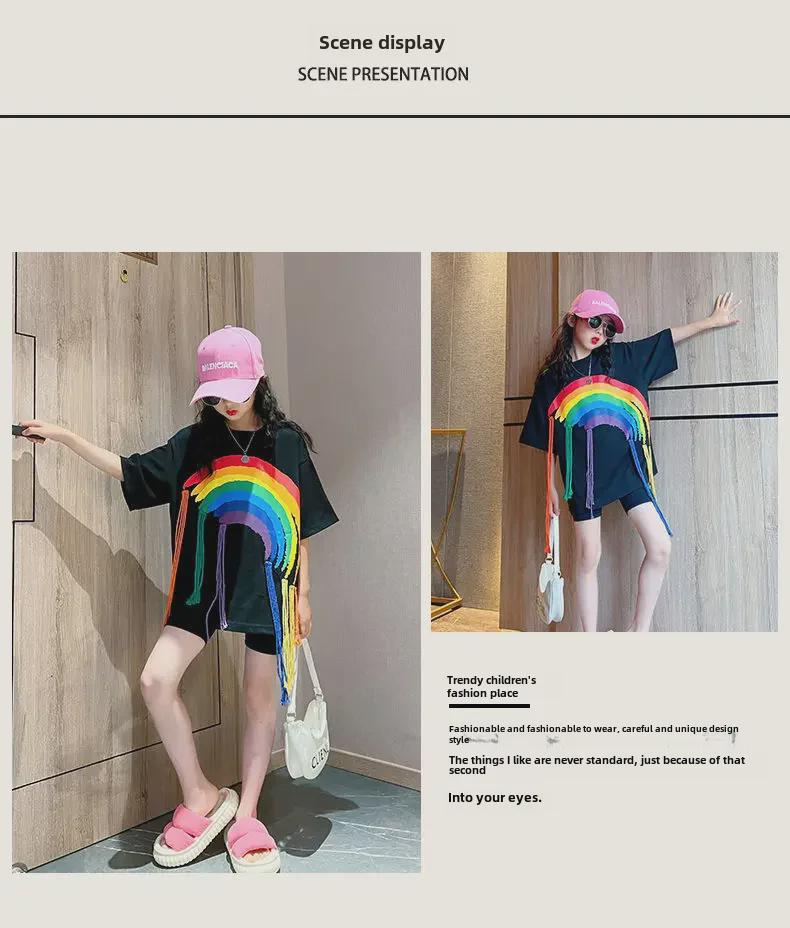 Girls' Hip-Hop Rainbow Braids Short-Sleeve Street Dance T-Shirt