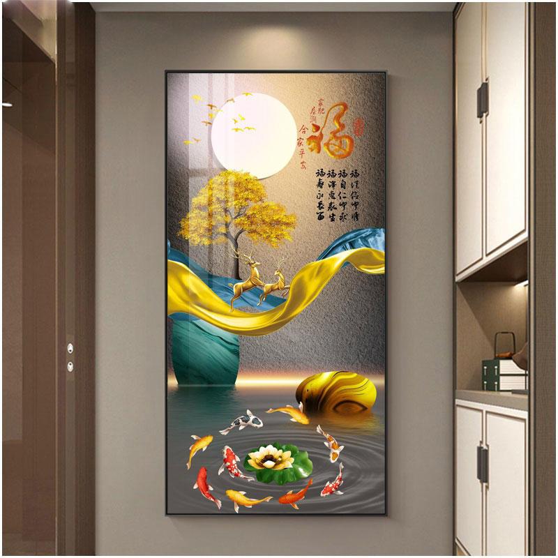 Abstract Fengshui Golden Zen Stone Canvas Painting Golden Moon Deer Wall Art Rich Tree Posters for Porch Wall Decor No Frame