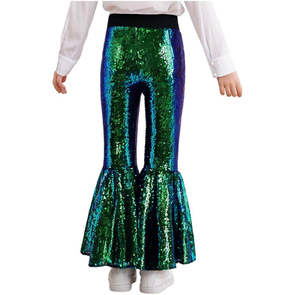 Привлекательные расклешенные танцевальные брюки для девочек: Дизайн с блестящими пайетками по всей длине ноги и эластичным поясом для свободы движений