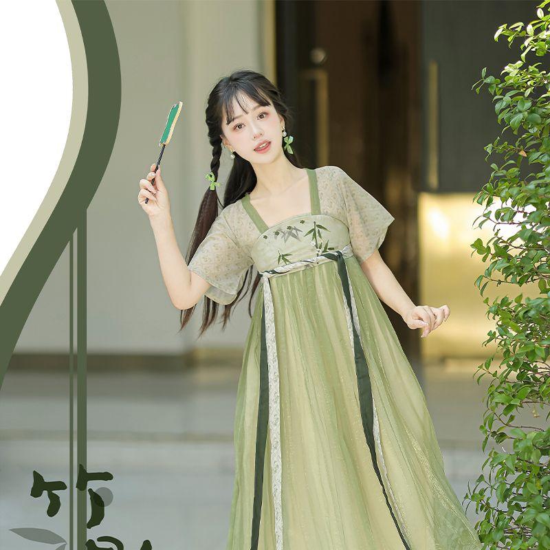 Женское улучшенное свободное платье средней длины Hanfu с короткими рукавами большого размера