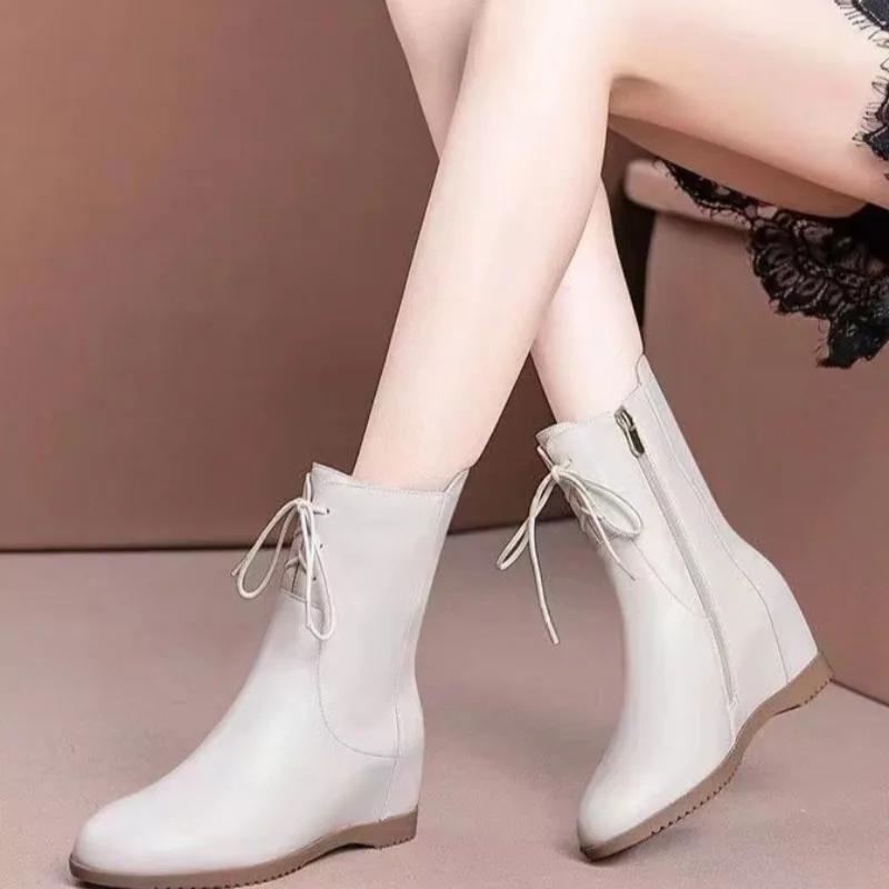 Круглый носок, зима 2024, женские туфли до середины голени, высокие каблуки, элегантные женские полусапожки, качественные трендовые рабочие ботинки для косплея, новинка