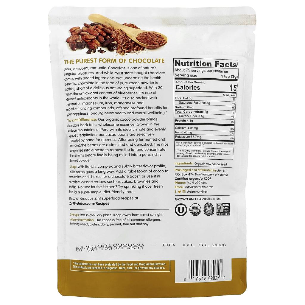 Raw Organic Powder, Cacao, 227G(8Oz)