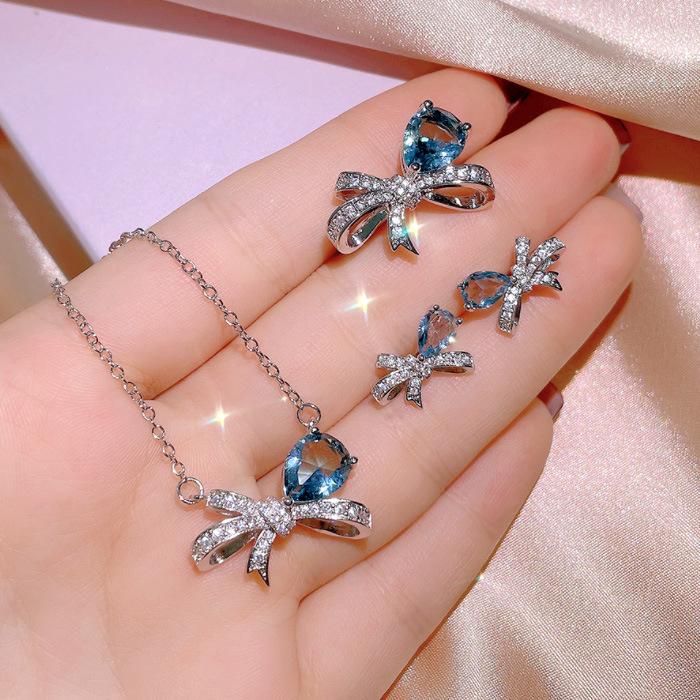 Same Jewelry Three Piece Bow Necklace Earrings Fashion Exquisite Zircon Ring